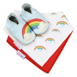 Dotty Fish baby gift set including leather rainbow shoes, a red cotton bib and a rainbow pattern cotton bib.