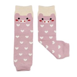 Dotty Fish baby and toddler pink pig legwarmers with white hearts.