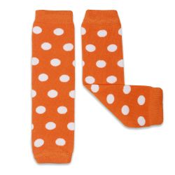 Dotty Fish baby and toddler orange legwarmers with white spots.
