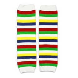White Dotty Fish legwarmers with navy, red, green, and yellow stripes, for infant girls and boys.