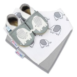 Dotty Fish baby gift set including leather elephant shoes, a pale grey cotton bib and an elephant pattern cotton bib.