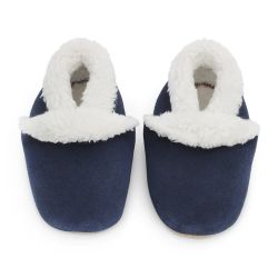 Navy suede Dotty Fish baby and toddler first walker soft sole slippers with fleece lining.