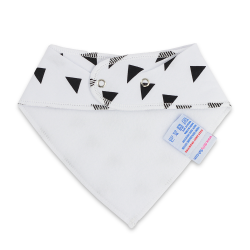 White fleece backing of white cotton Dotty Fish bandana bib with black triangles, for infant girls and boys.