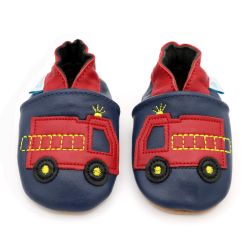 Navy blue leather Dotty Fish soft sole baby and toddler boy’s shoes with red ankle trim and red fire engine design.