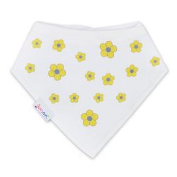 Dotty Fish baby and toddler white cotton bandana bib with yellow daisy flower pattern.