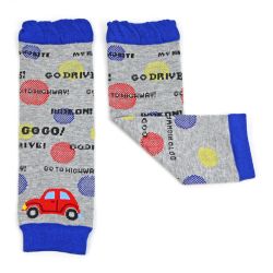 Dotty Fish baby and toddler grey legwarmers with blue cuffs and red and blue car pattern.