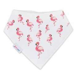 Dotty Fish baby and toddler white cotton bandana bib with pink flamingo pattern.