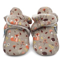 Light brown cotton Dotty Fish baby soft sole booties with white fleece lining and fox and hedgehog woodland pattern.