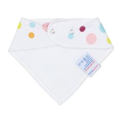 White fleece backing of cotton Dotty Fish colourful spots bandana bib, for infant girls and boys.