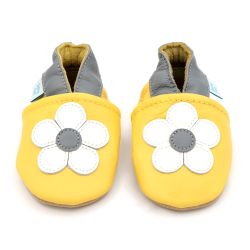 Yellow leather Dotty Fish baby and toddler first walker shoes for girls with grey ankle trim and white and grey flower.