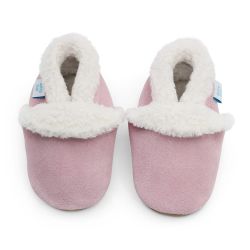Pale pink suede Dotty Fish baby and children’s soft sole slippers with fleece lining.