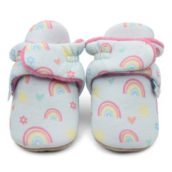 Pale blue cotton Dotty Fish baby soft sole booties with pink fleece lining and rainbow, heart, sun, and flower pattern.