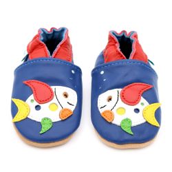 Blue leather Dotty Fish soft sole baby and toddler boy’s shoes with multicoloured fish design.