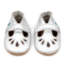 Silver leather Dotty Fish baby and toddler girl’s soft sole T-bar shoes.