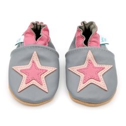 Grey leather Dotty Fish soft sole baby and toddler first walker shoes for girls with pink ankle trim and pink star design.