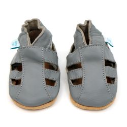 Grey leather Dotty Fish baby and toddler first walker soft sole sandals for girls and boys.