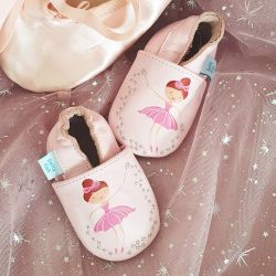 Pink leather Dotty Fish soft sole pre-walker shoes with pink pretty ballerina and silver embroidered stars.