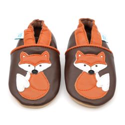 Brown leather Dotty Fish soft sole baby and toddler first walker shoes for boys and girls, with orange ankle trim and orange and white fox design.