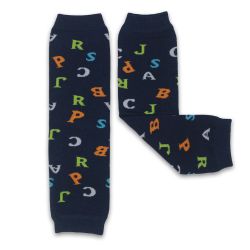 Dotty Fish baby and toddler navy legwarmers with multicoloured letters.
