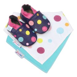 Dotty Fish baby gift set including navy leather shoes with multicoloured spots, a turquoise cotton bib and a colourful spotty cotton bib.