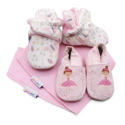 Dotty Fish baby gift set including butterfly and bee booties, pink leather ballerina shoes and two light pink cotton bibs.