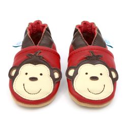Red leather Dotty Fish soft sole baby and toddler boy’s shoes with brown ankle trim and monkey design.