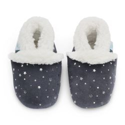 Dark grey suede Dotty Fish baby and children’s soft sole slippers with silver stars and fleece lining.