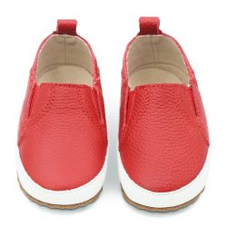 Red leather Dotty Fish baby and toddler rubber sole slip-on shoes.
