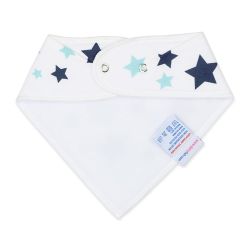 White fleece backing of blue stars cotton Dotty Fish bandana bib, for infant girls and boys.