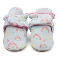 Pale blue cotton baby booties with pink fleece lining and rainbow pattern.