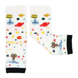 Dotty Fish baby and toddler cream legwarmers with space alien pattern.