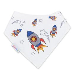 Dotty Fish baby and toddler white cotton bandana bib with space rocket pattern.