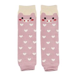 Pink pig Dotty Fish legwarmers, with white hearts, for infant girls and boys.