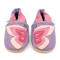 Purple leather Dotty Fish soft sole baby and toddler first walker shoes for girls with pink ankle trim and pink butterfly design.