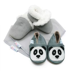 Dotty Fish baby gift set including pale grey suede slippers, leather panda shoes and two light grey cotton bibs.