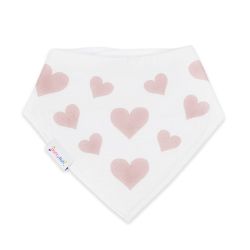Dotty Fish baby and toddler white cotton bandana bib with pink hearts pattern.
