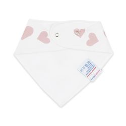 White fleece backing of cotton Dotty Fish pink love hearts bandana bib, for infant girls and boys.