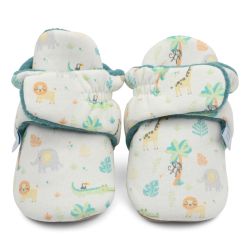 Cream cotton Dotty Fish baby soft sole booties with dark green fleece lining and jungle animal pattern.