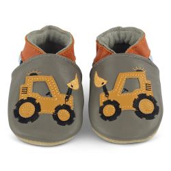 Grey leather Dotty Fish soft sole baby and toddler boy’s shoes with orange ankle trim and yellow digger design.