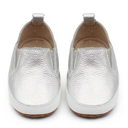Silver leather Dotty Fish baby and toddler rubber sole slip-on shoes.