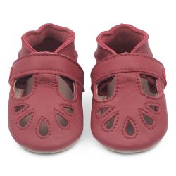 Red leather Dotty Fish baby and toddler girl’s soft sole T-bar shoes.