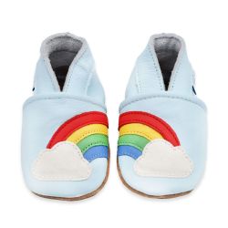 Light blue leather Dotty Fish soft sole baby and toddler first walker shoes for boys and girls, with rainbow and cloud design.