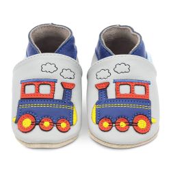 Pale grey leather Dotty Fish soft sole baby and toddler boy’s shoes with blue ankle trim and blue and red train design.