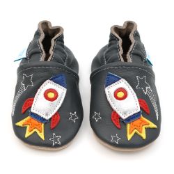 Charcoal leather Dotty Fish soft sole baby and toddler boy’s shoes with silver, red and blue space rocket design.