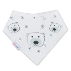 Dotty Fish baby and toddler white cotton bandana bib with polar bear and snowflake pattern.