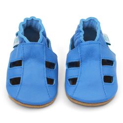 Bright blue leather Dotty Fish baby and toddler unisex first walker soft sole sandals.