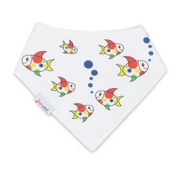 Dotty Fish baby and toddler white cotton bandana bib with Dotty Fish logo pattern.