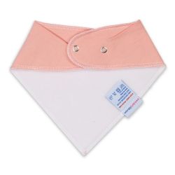 White fleece backing of peachy pink cotton Dotty Fish bandana bib, for infant girls and boys.