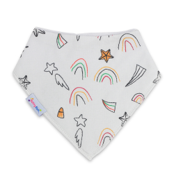 Dotty Fish baby and toddler off white cotton bandana bib with rainbow and stars doodle.