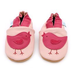  Light pink leather Dotty Fish soft sole baby and toddler first walker shoes for girls with pink ankle trim and pink bird design.
